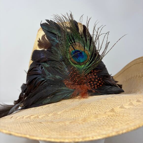STETSON Roadrunner Bryantcote Straw Cowboy Style Men Stetson Roadrunner Bryantcote Mens Sz 7 Straw Cowboy Hat Peacock Feathers